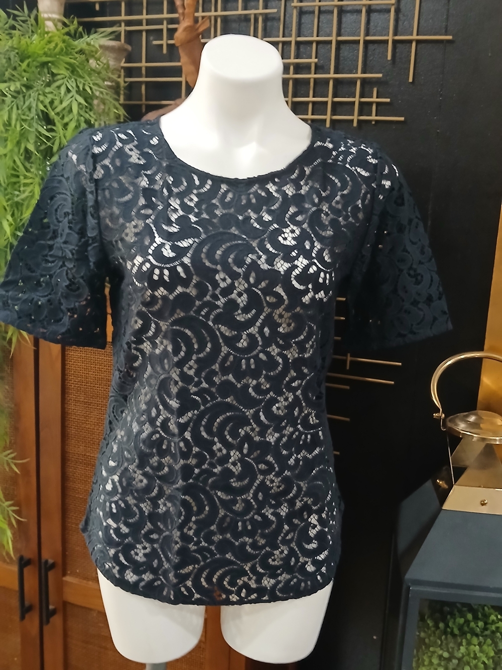 Women's Navy Lace Short-Sleeve Top
